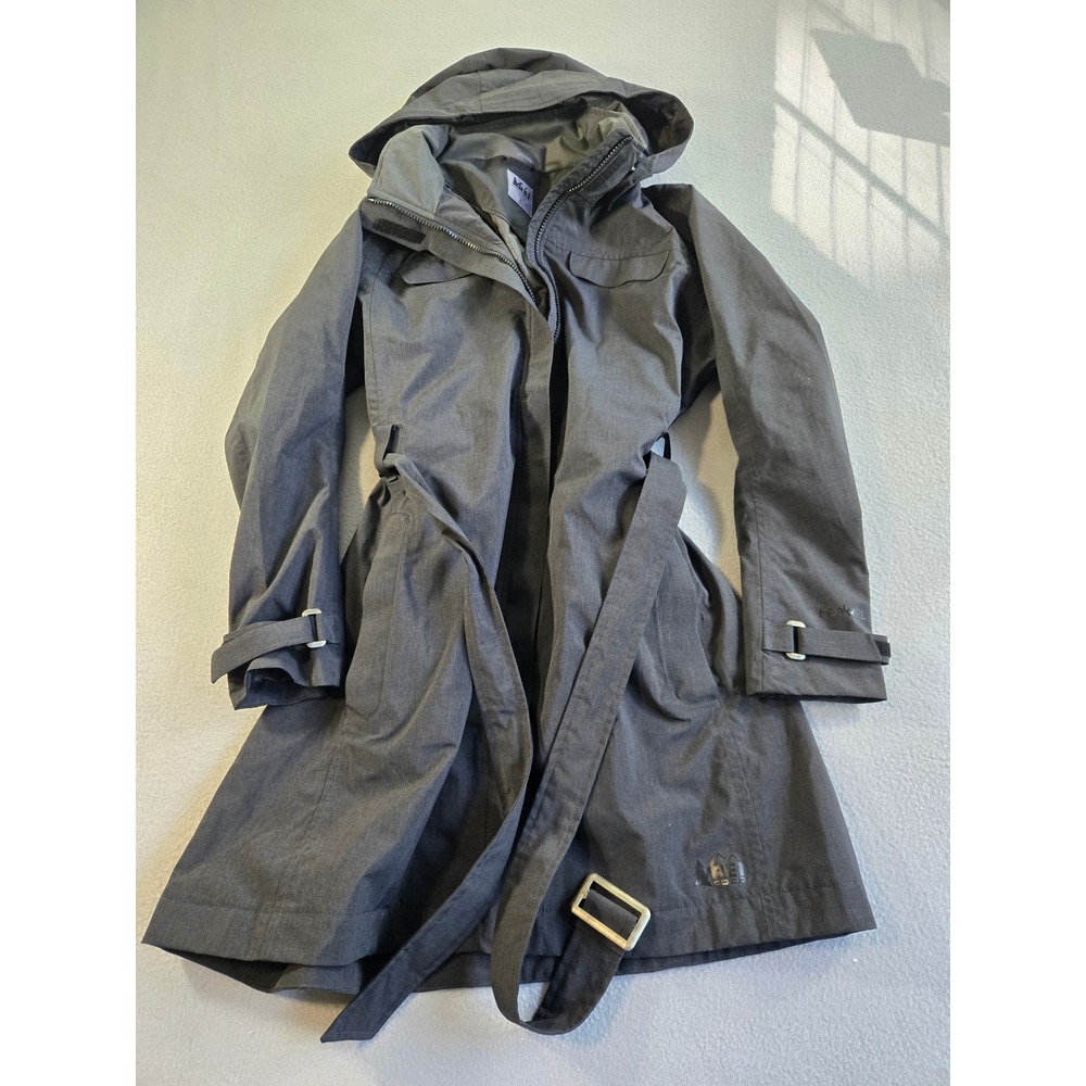 REI Co-op Rain Trench Coat Women Large Gray Hooded Belted Jacket 826025